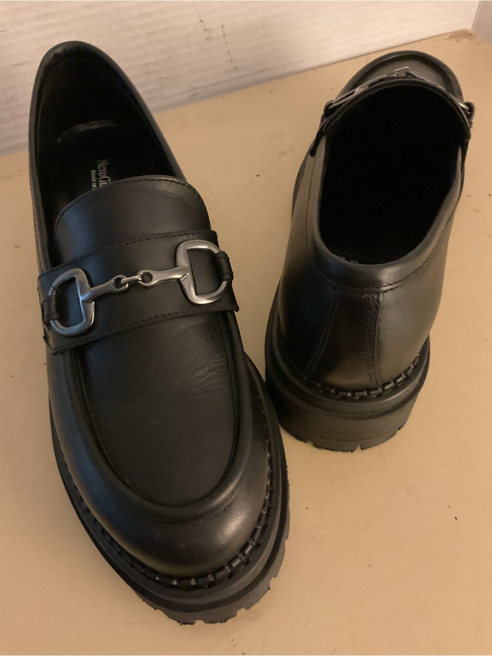 Nero Giardini women Black Leather Bit platform lug heel Loafer US 7.5